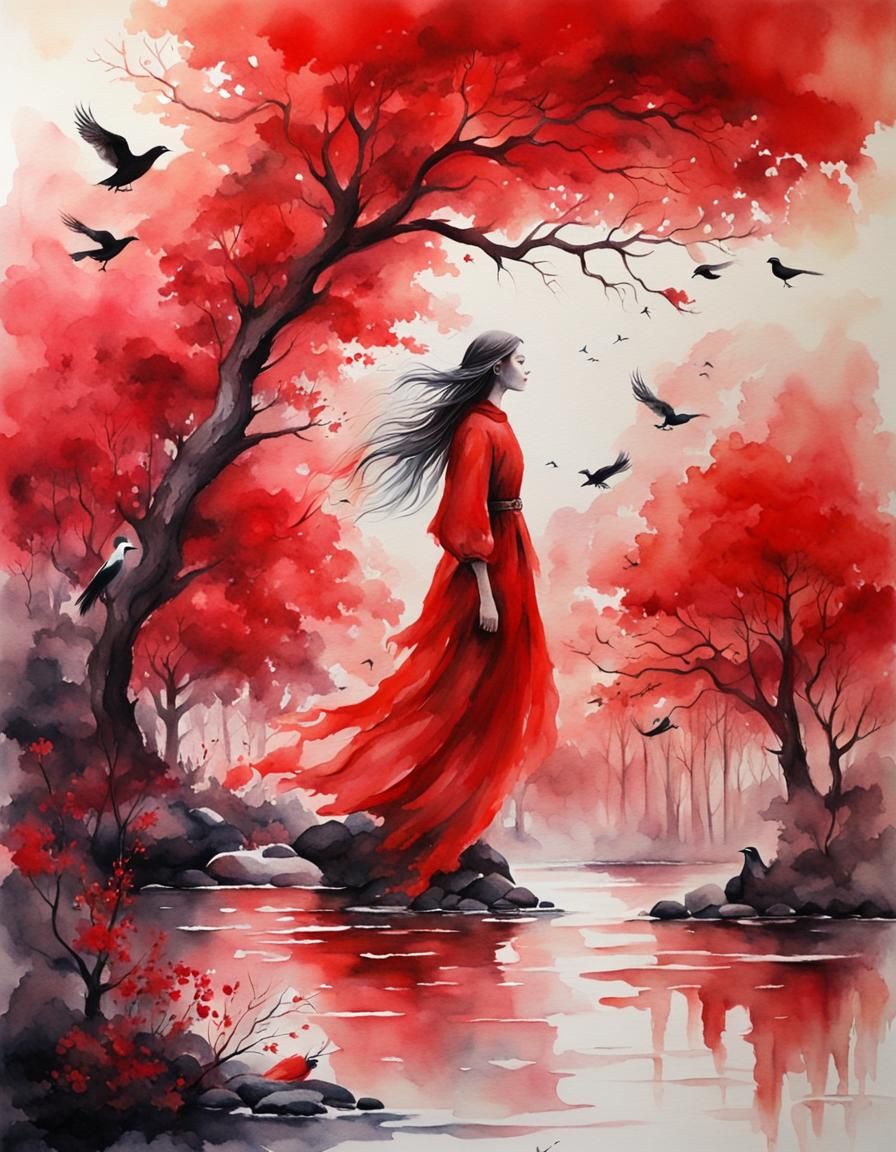 Fantasy Woman with Birds in Watercolor Landscape