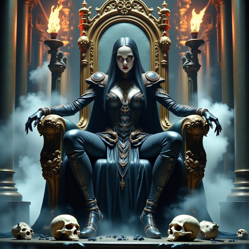 Drow Queen on Skull Throne in Dark Cavern