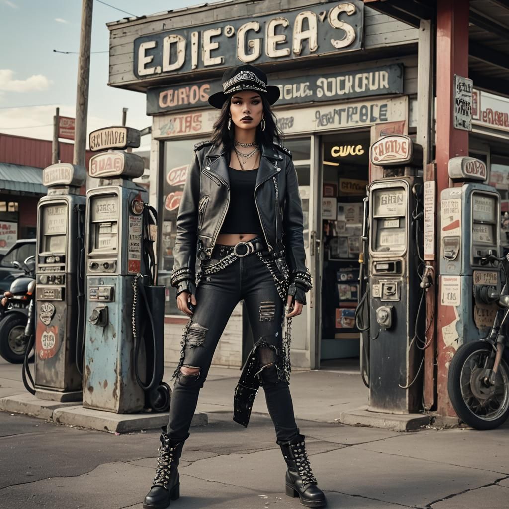 Woman in Leather at Gas Station, Surreal Art