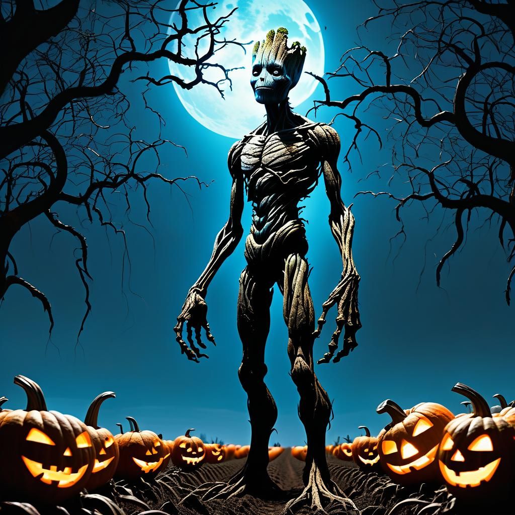 Groot in a Pumpkin Field: Eerie Surrealism