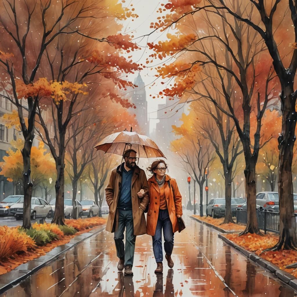 Cozy Couple in Autumn Rain: Watercolor Concept Art