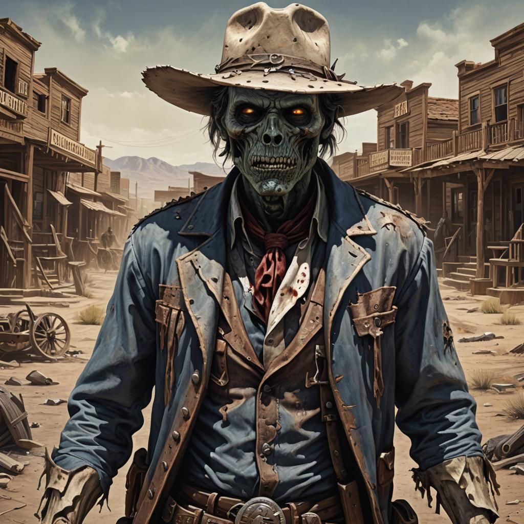 Zombie Cowboy in Ghost Town: Hyperrealistic Wild West