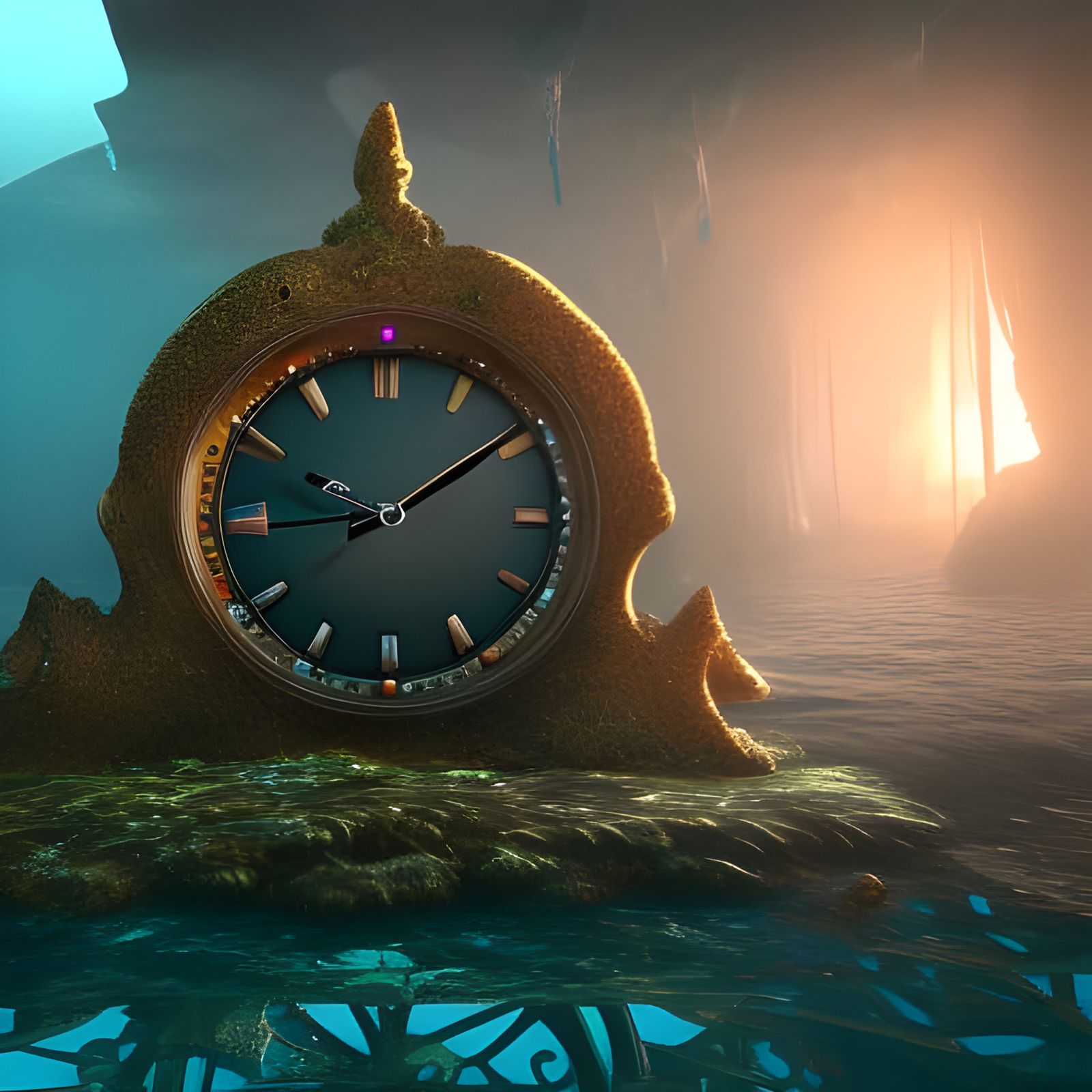 Underwater Clock in Detailed Matte Painting Style