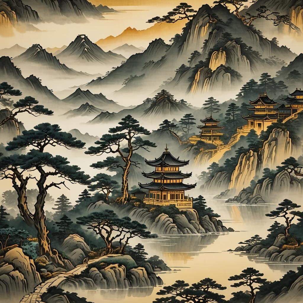 Misty Mountains: Chinese Ink Landscape in Gold