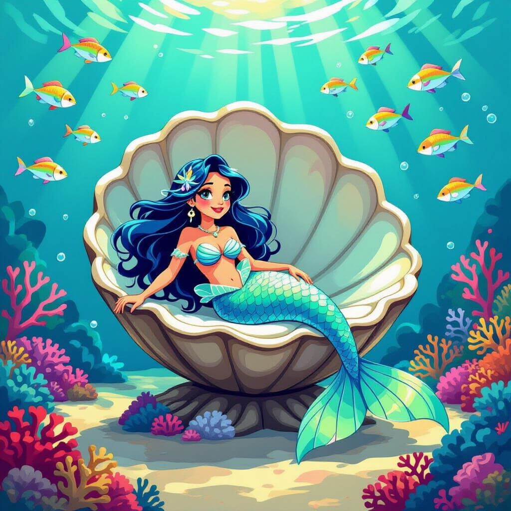 Cartoon Mermaid on Clam Shell Throne in 2D Style