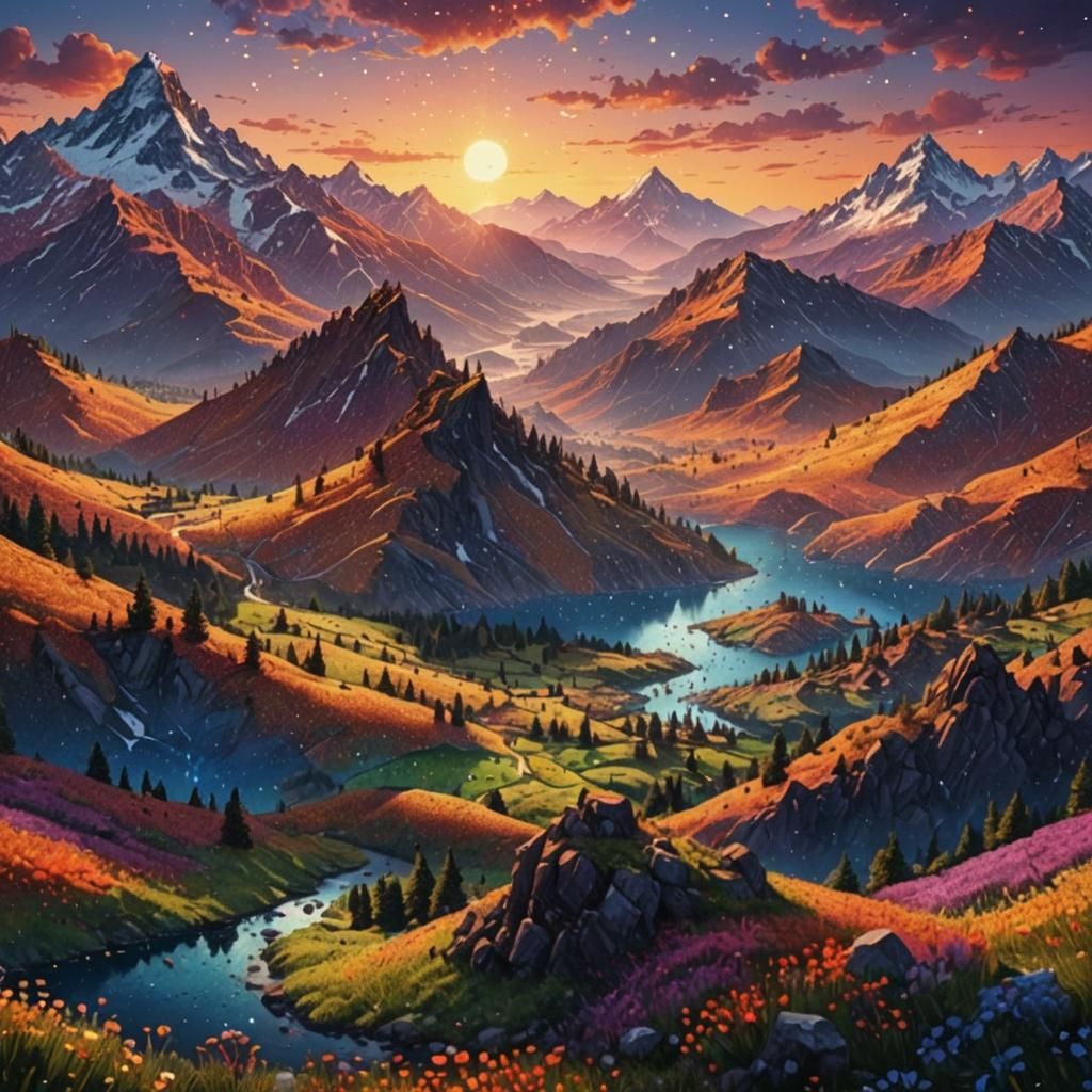 Pointillist Sunset Mountain Landscape in Detailed Style
