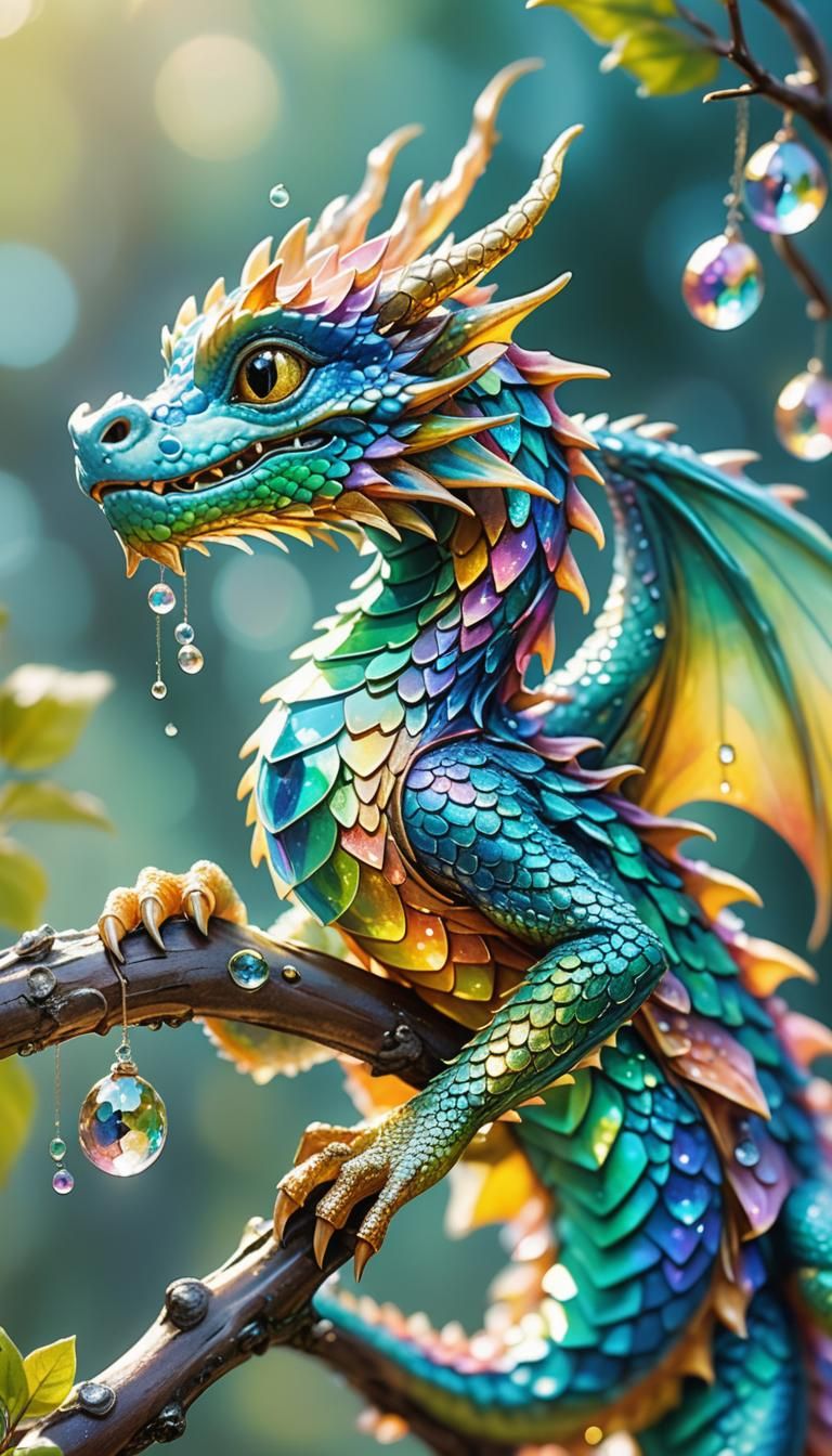 Iridescent Dragon on Branch in Watercolor Style