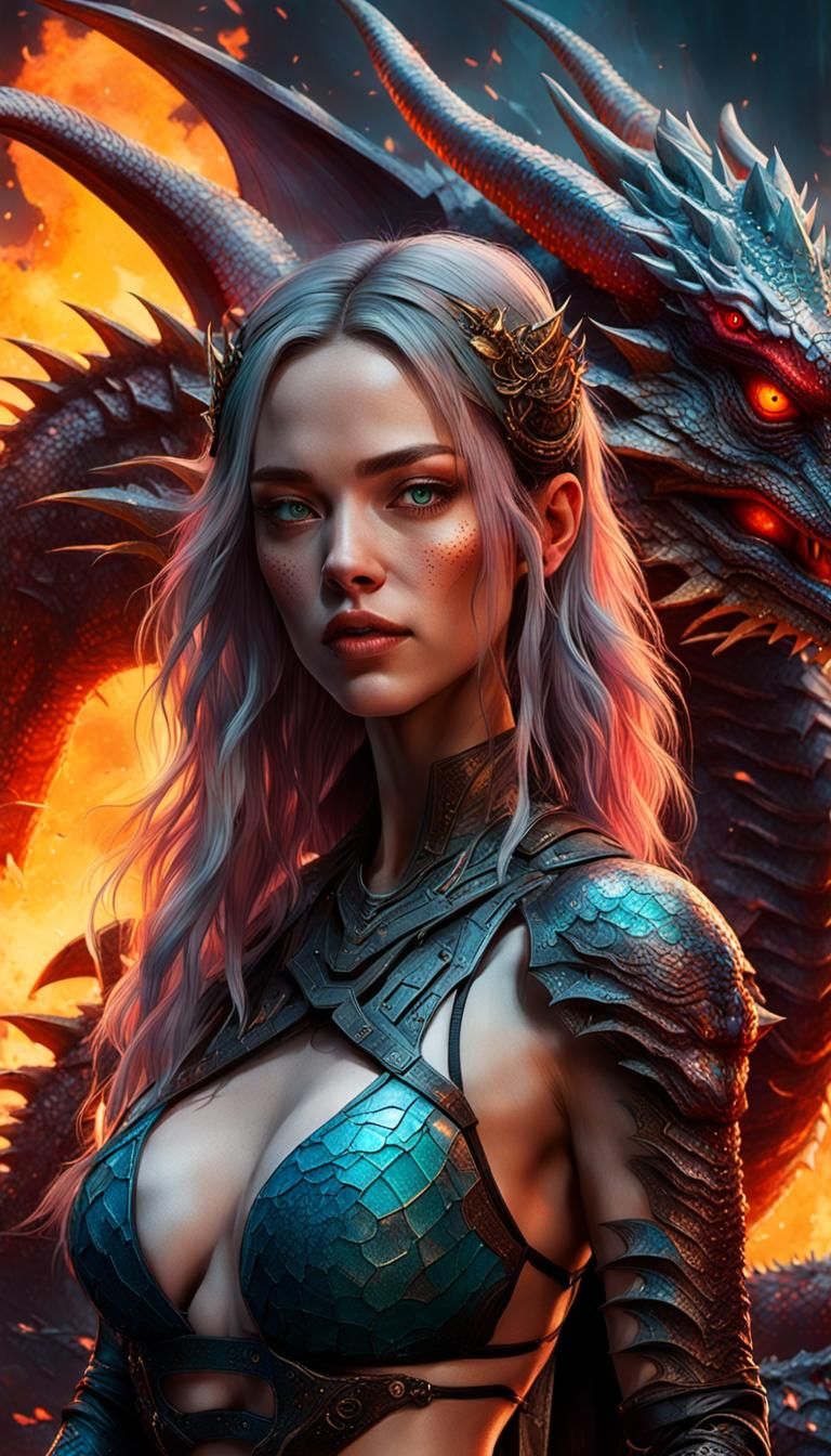 Warrior Princess with Dragon in Cyberpunk Style