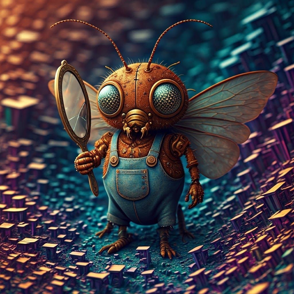 Whimsical Clockwork Insect Hybrid in Vibrant Bismuth Fractal...