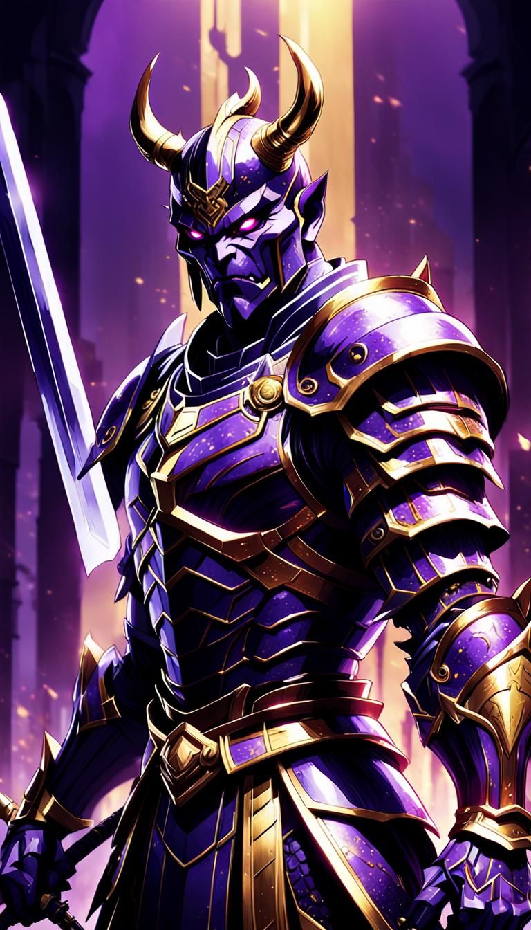 Purple Oni Knight Ready for Battle in Anime Style