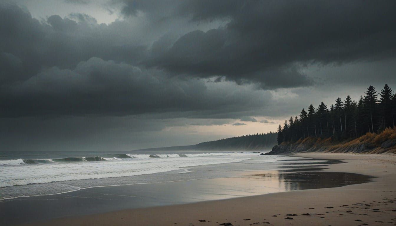 Gloomy Autumn Evening Seashore in Ethereal Mist