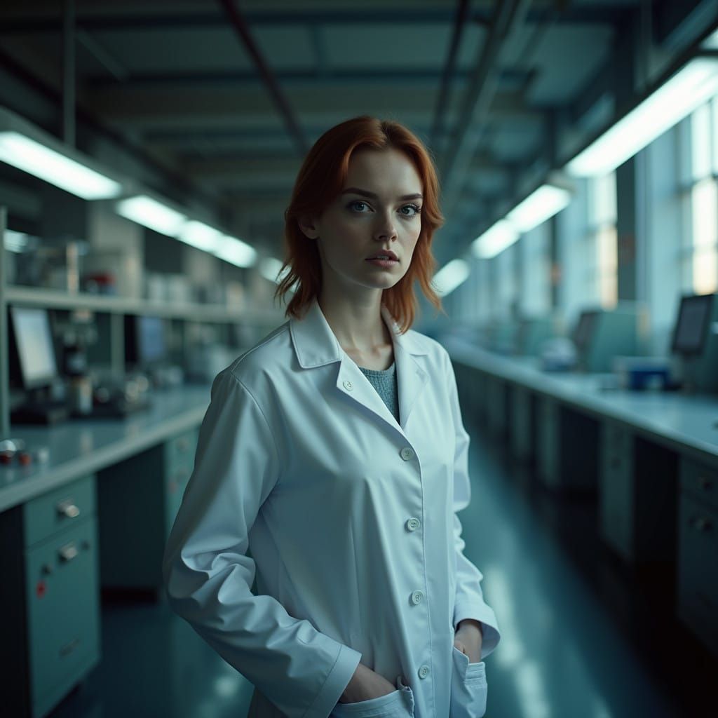 Dramatic Portrait of an Actress in a Labcoat