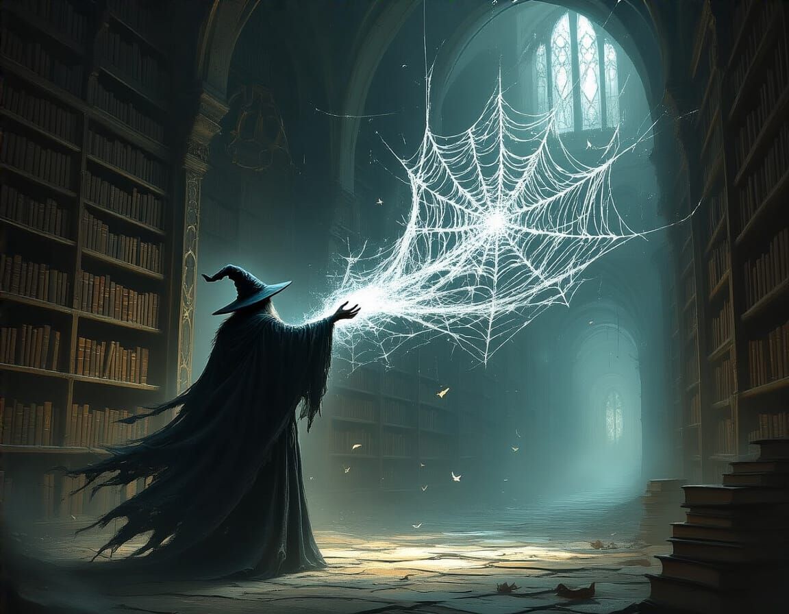 Wizard Conjures Starlight Cobwebs in Infinite Library