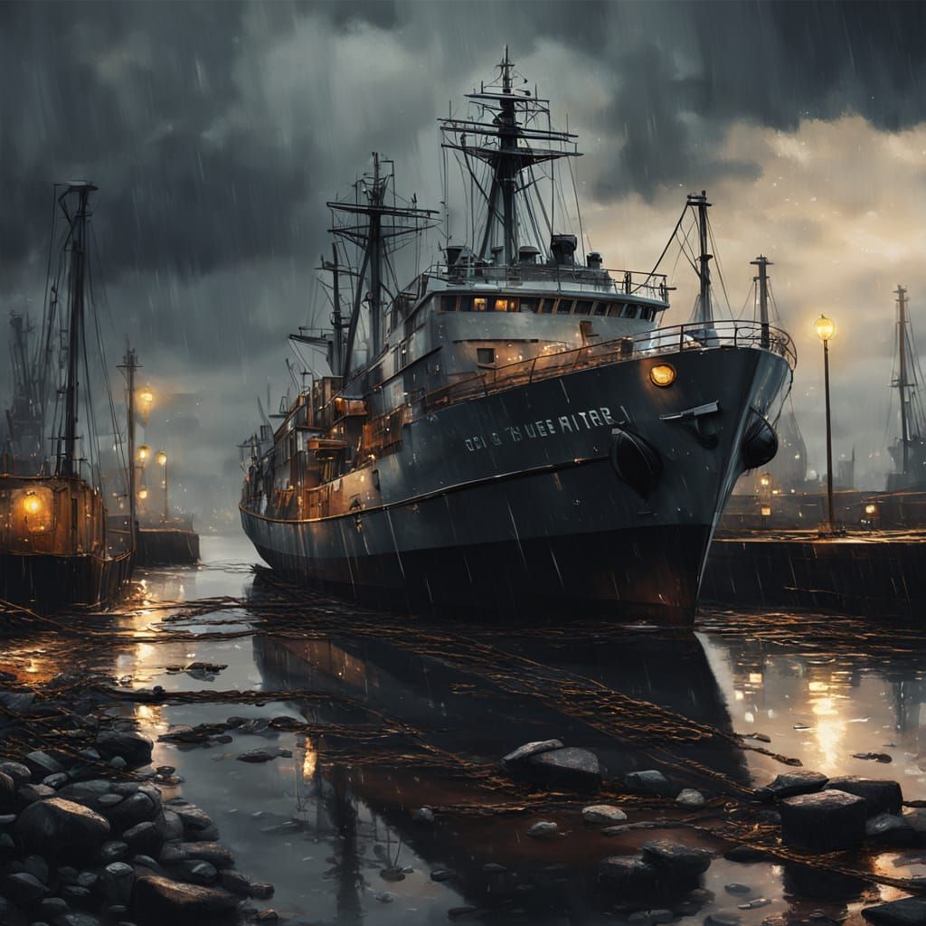 Gloomy Seaport Evening with Moody Oil Painting Atmosphere