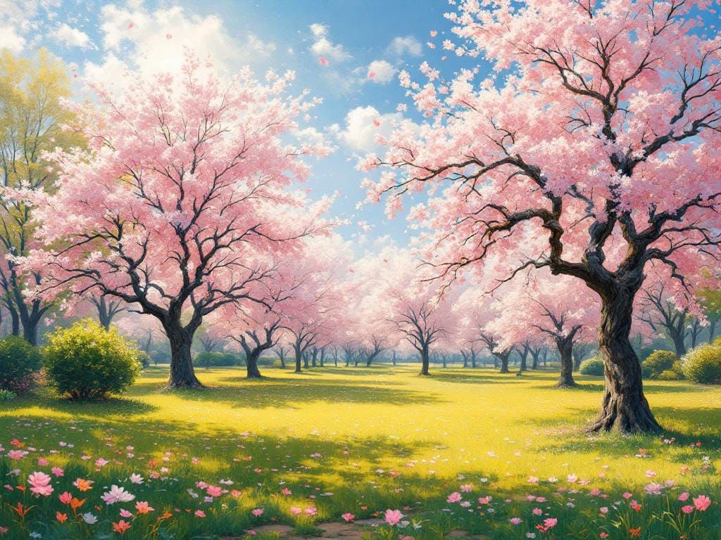 Sun-Drenched Park with Cherry Blossoms as Impressionist Pain...