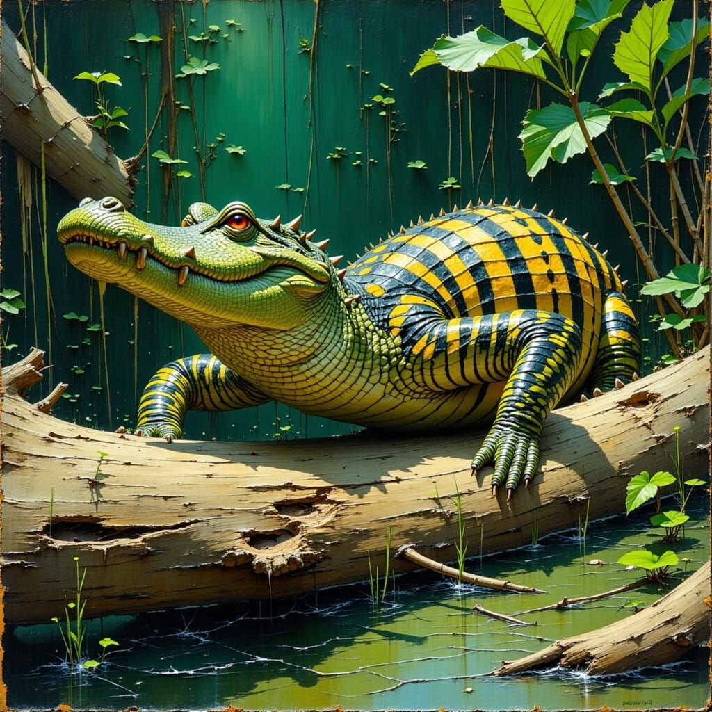 Tiger-Striped Alligator Emerges from Swamp in Painterly Styl...
