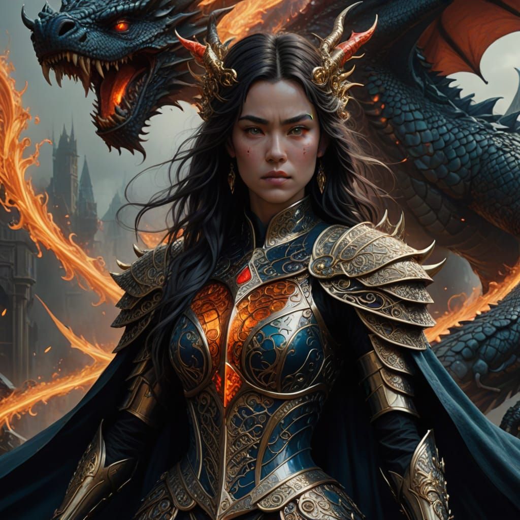 Epic Fantasy Woman and Majestic Dragon in Golden Armor