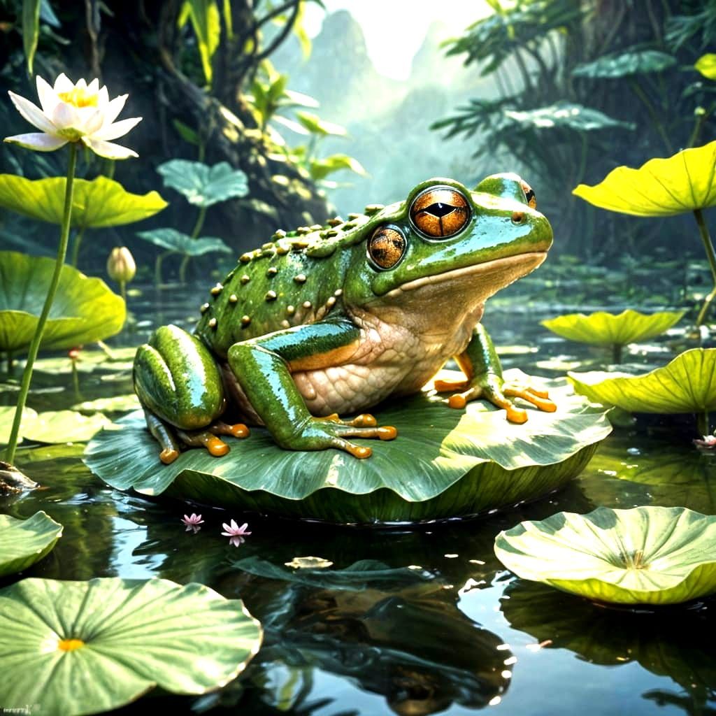 Emerald Frog on Lotus Flower, Detailed Digital Art
