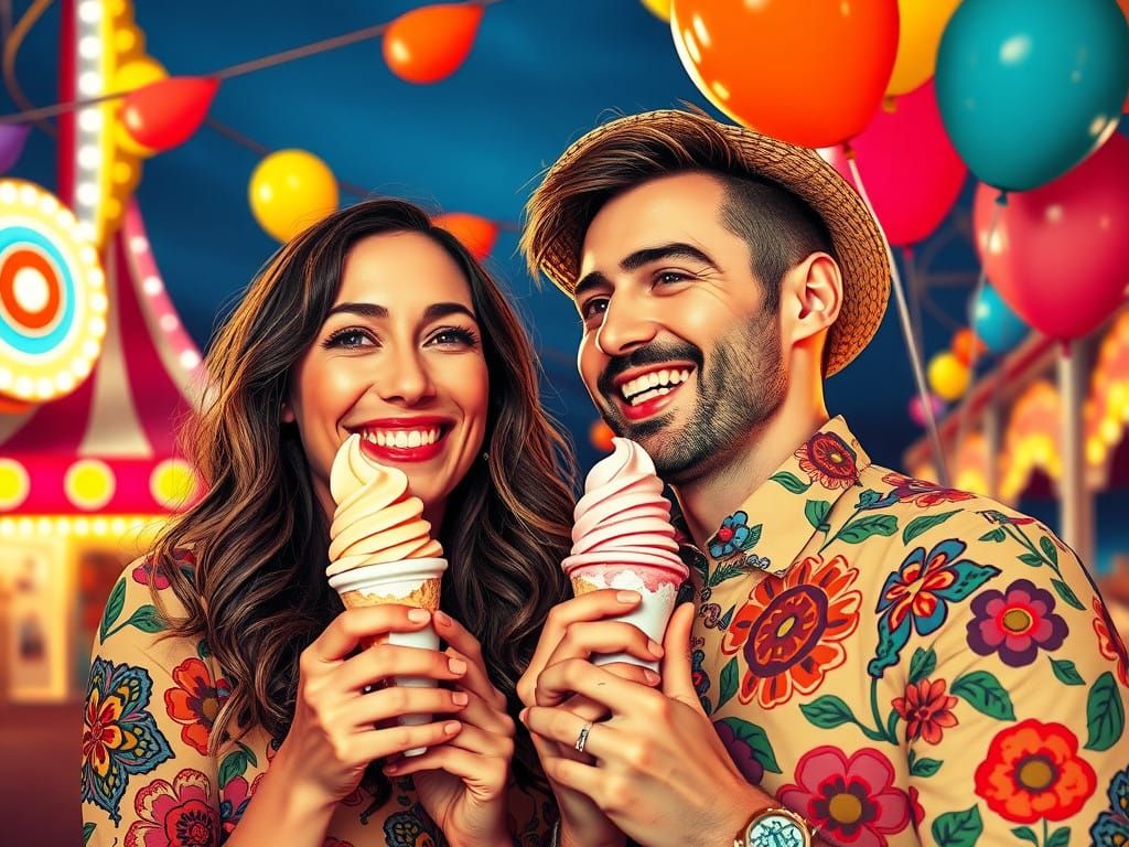 Joyful Couple Surrounded by Vintage Fair Lights in Psychedel...