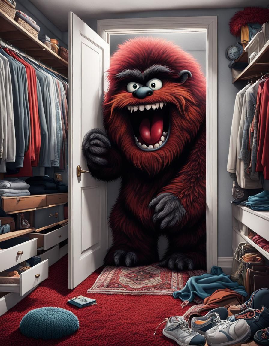Monster Emerging from Closet in Hyper-Realistic Style