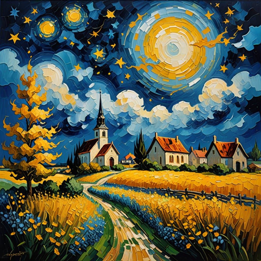 Starry Night Dreamscape in Vibrant Oil on Canvas