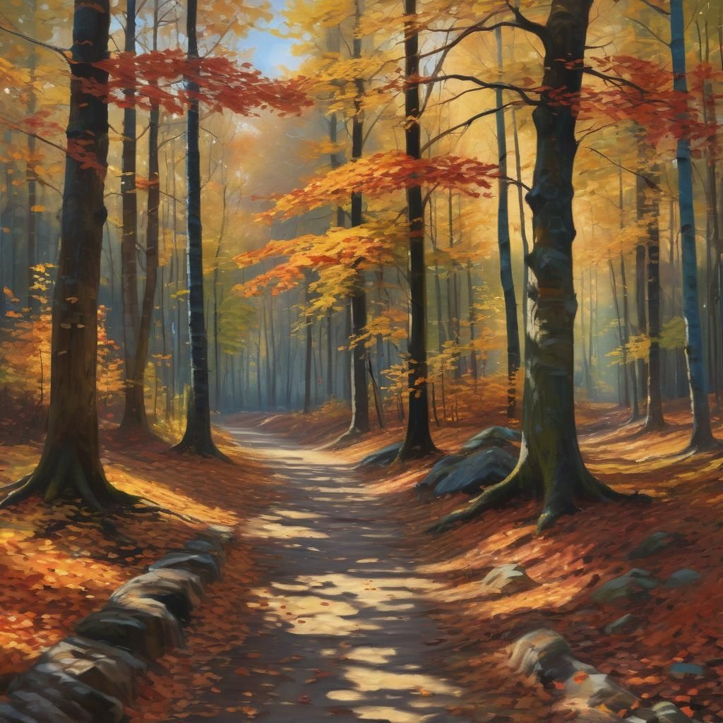 Autumn Woods Trail in Impressionist Oil Painting
