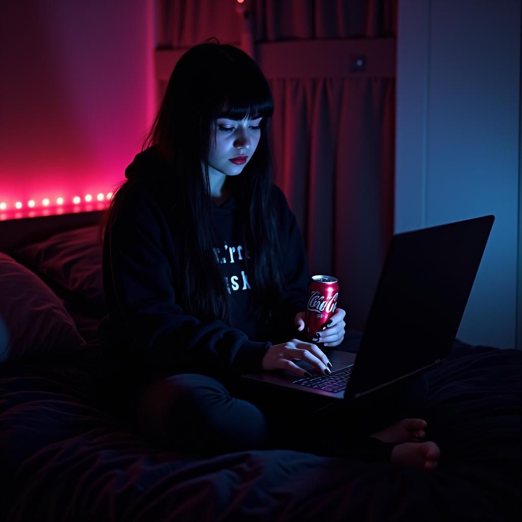 Goth Girl Immersed in Computer Screen with LED Lighting