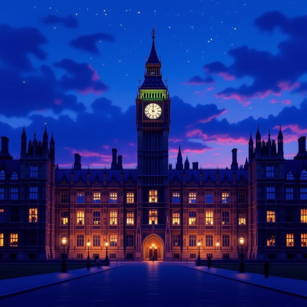 Westminster at Dusk: Hyperrealistic Digital Matte Painting