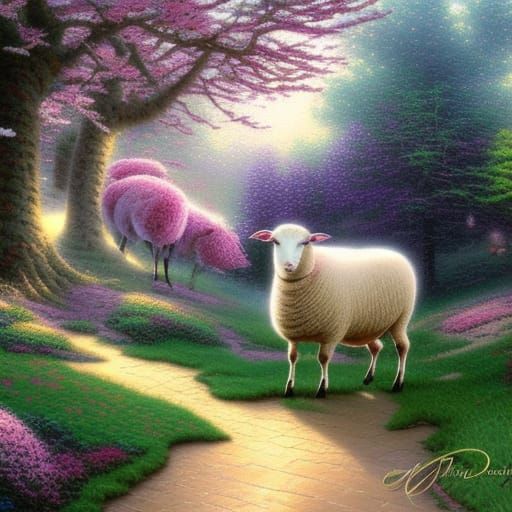 Cherry Blossom Sheep in Ethereal Style