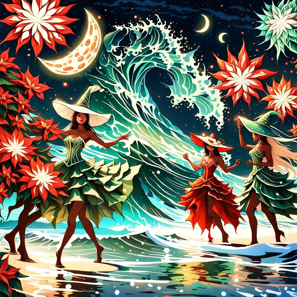 Ecstatic Sea Witch Party on a Moonlit Beach
