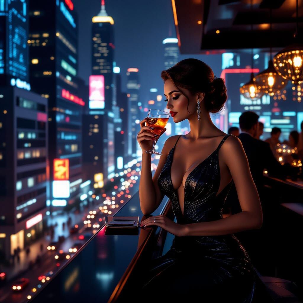 Chic Lady Sipping Cocktail at City Bar in Digital Matte Pain...