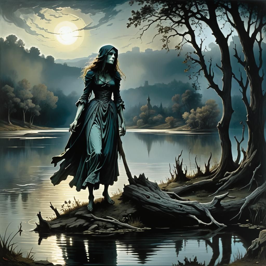 Water Witch on Lake Shore, Horror Illustration
