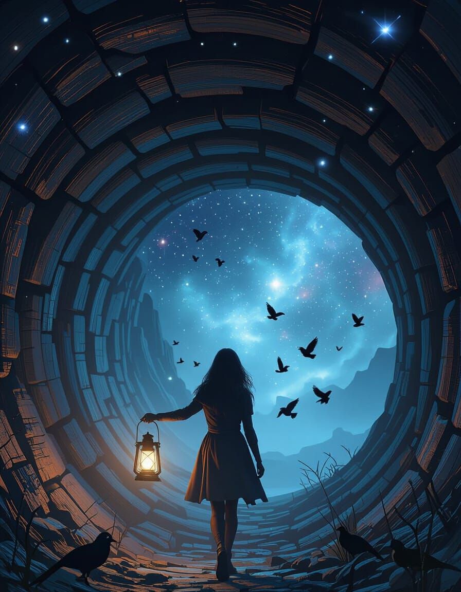 Traveler Emerges From Ancient Tunnel Into Cosmic Night