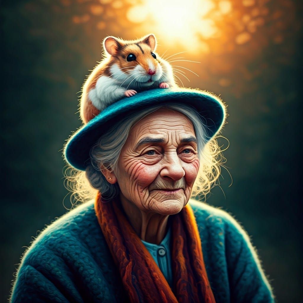 Needle-Felted Woman with Hamster Hat at Sunrise