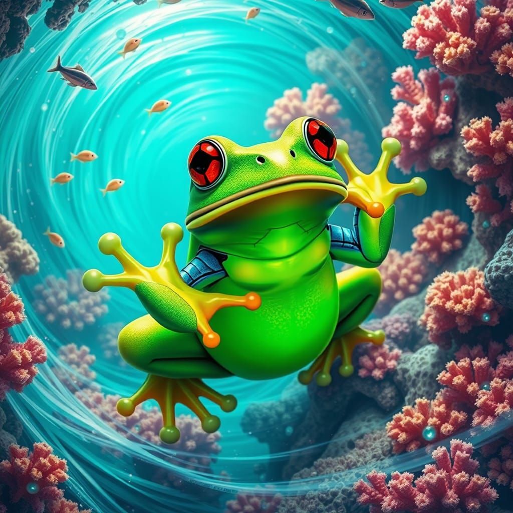 Futuristic Frog in Bioluminescent Underwater World