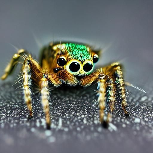 macrophotography of cute silvery jumping spider, big eyes, s...