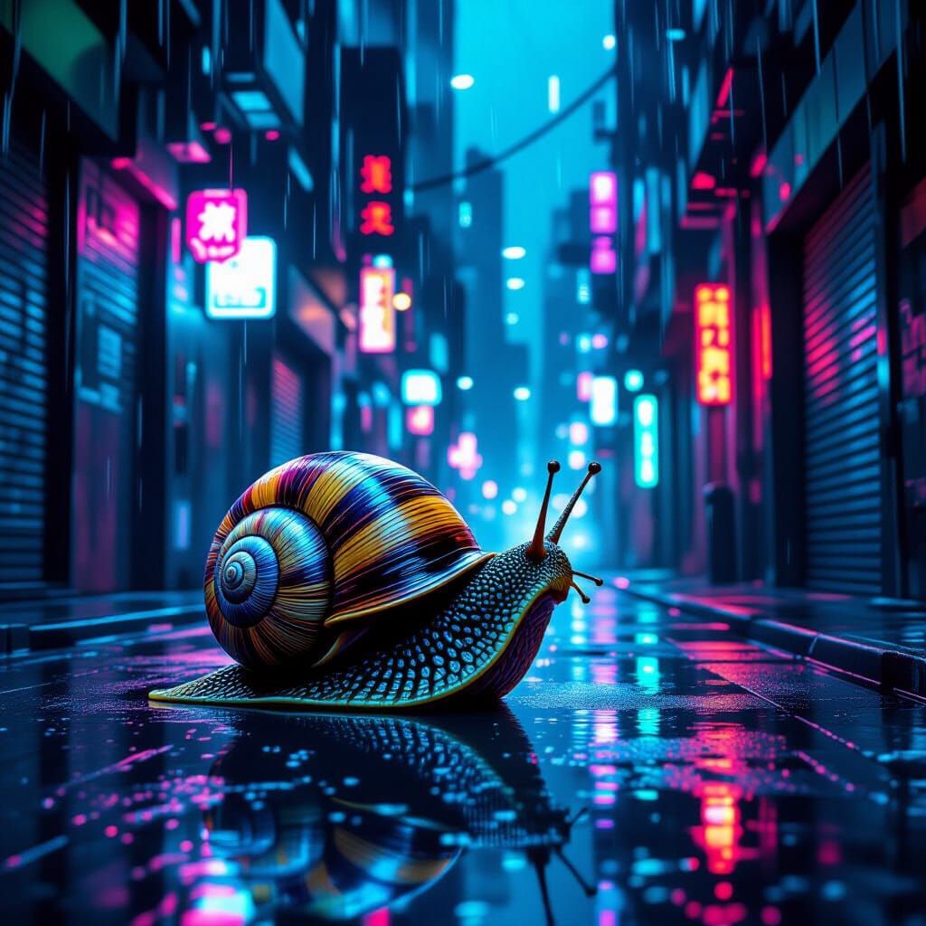 Cyberpunk Snail Exploring Neon City Alleyway