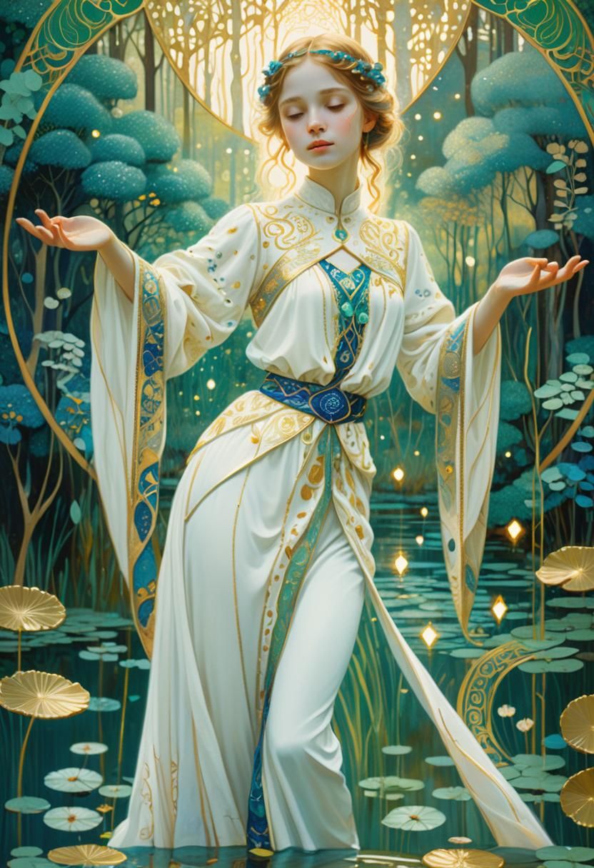 Girl in Forest with Pond: Art Nouveau Illustration