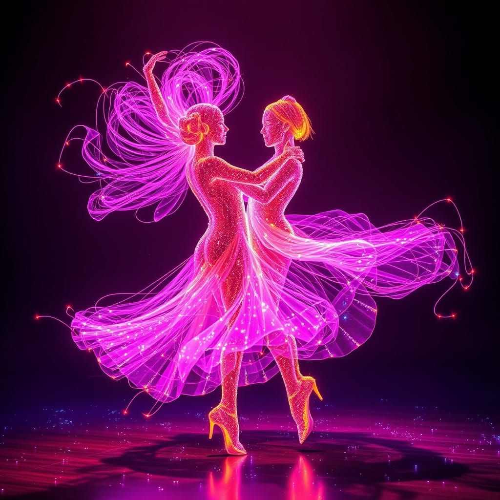 Ethereal Ballroom Dancers in Vibrant, Luminescent Fibers
