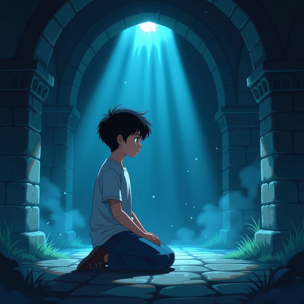 Teenage Boy Kneeling in Mystical Dungeon, Anime Fantasy Styl...
