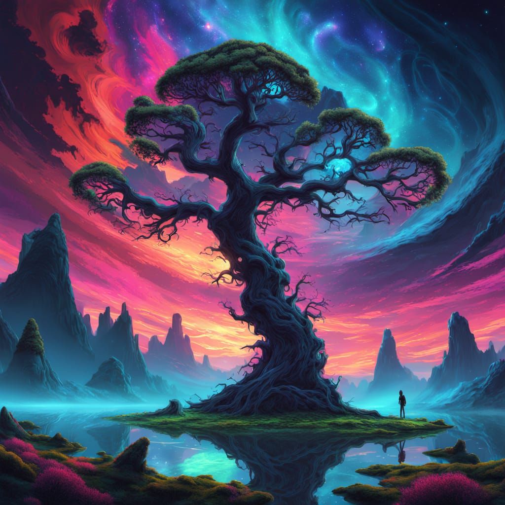 Alien Sunset Over Ancient Tree in Vibrant Anime Style
