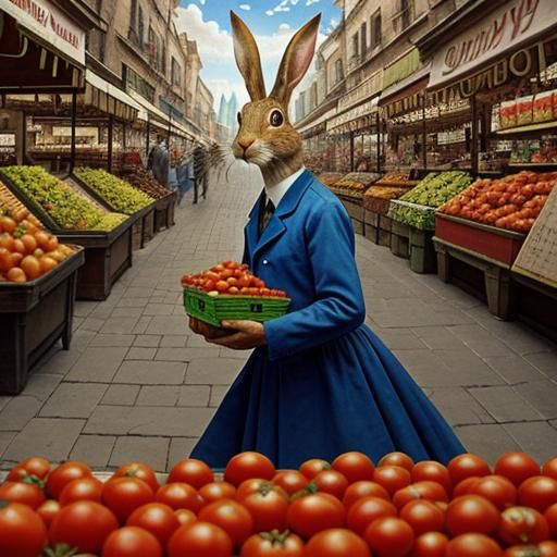 Humanoid Rabbit Shopping: A Surrealist Oil Painting