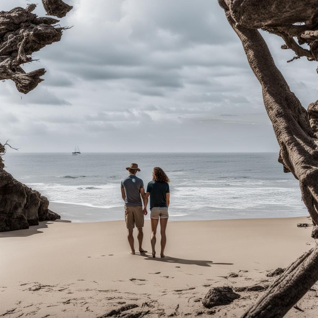 Couple Relaxing on a Secluded Naturalist Beach