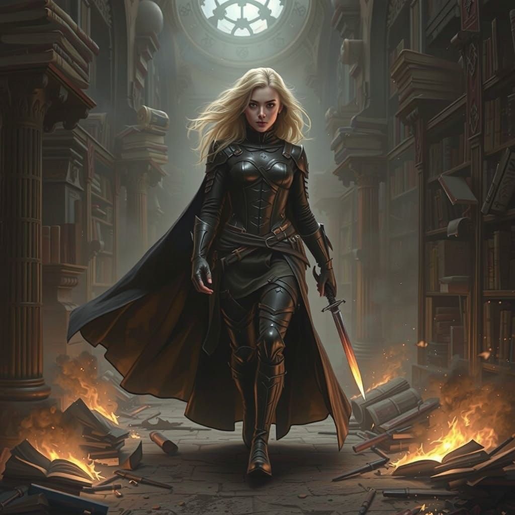 Dauntless Female Adventurer Runs Through Fiery Ruins of a Fu...