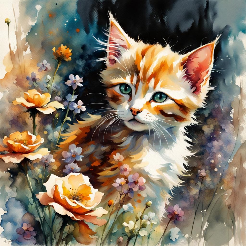 Vintage Kitten Watercolor Illustration with Flowers
