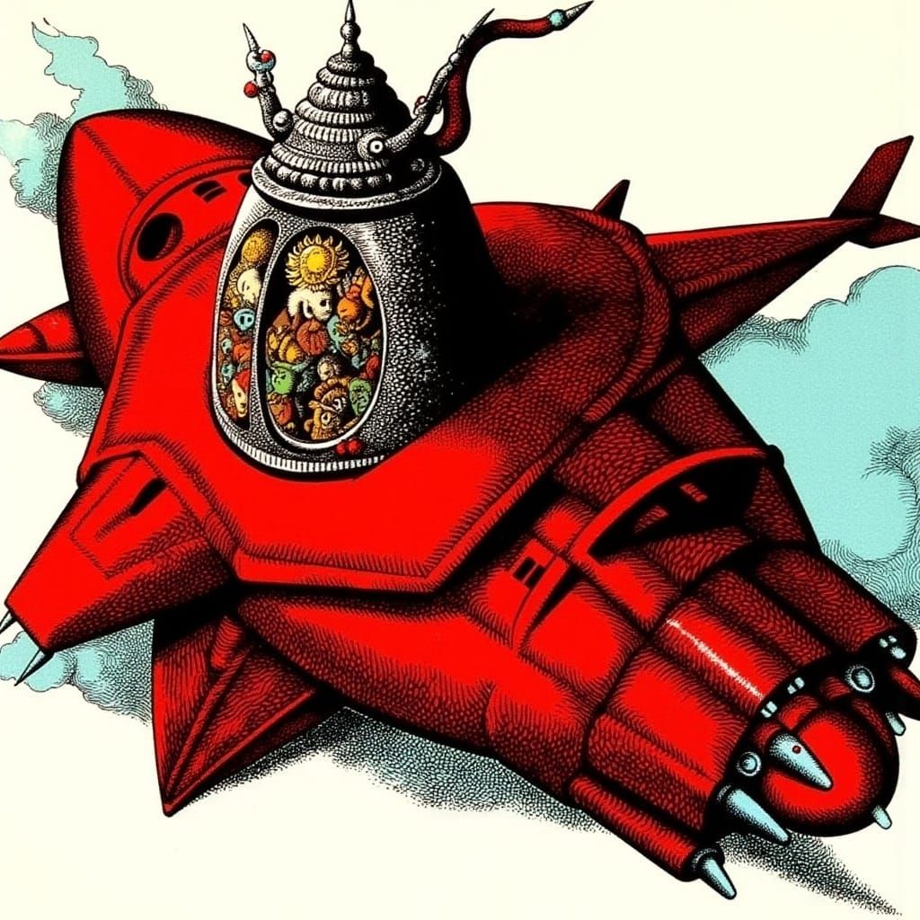 Red Dwarf Spaceship in Surreal Sci-Fi Style