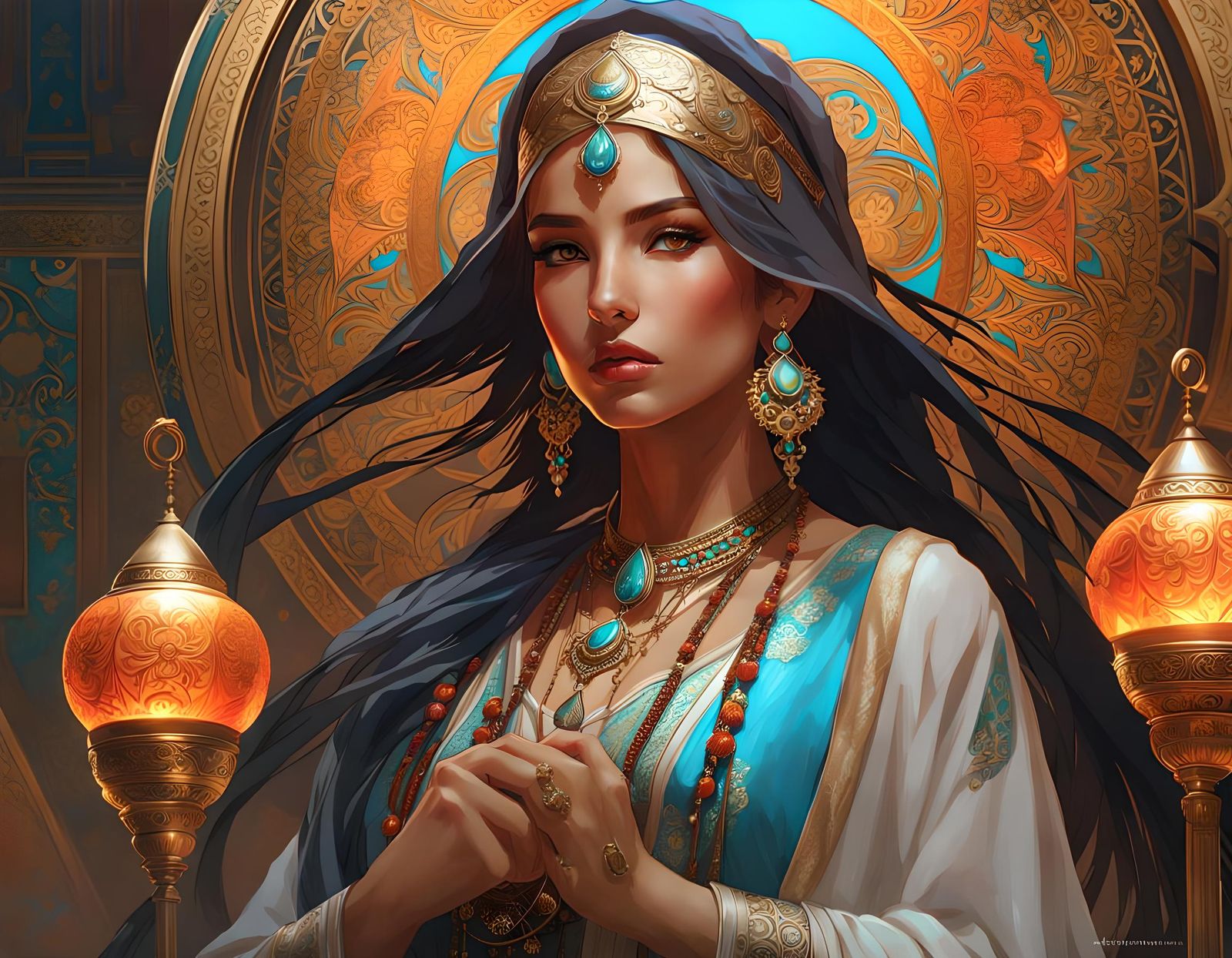 Muslim Girl in Royo and Mucha-Inspired Splash Art