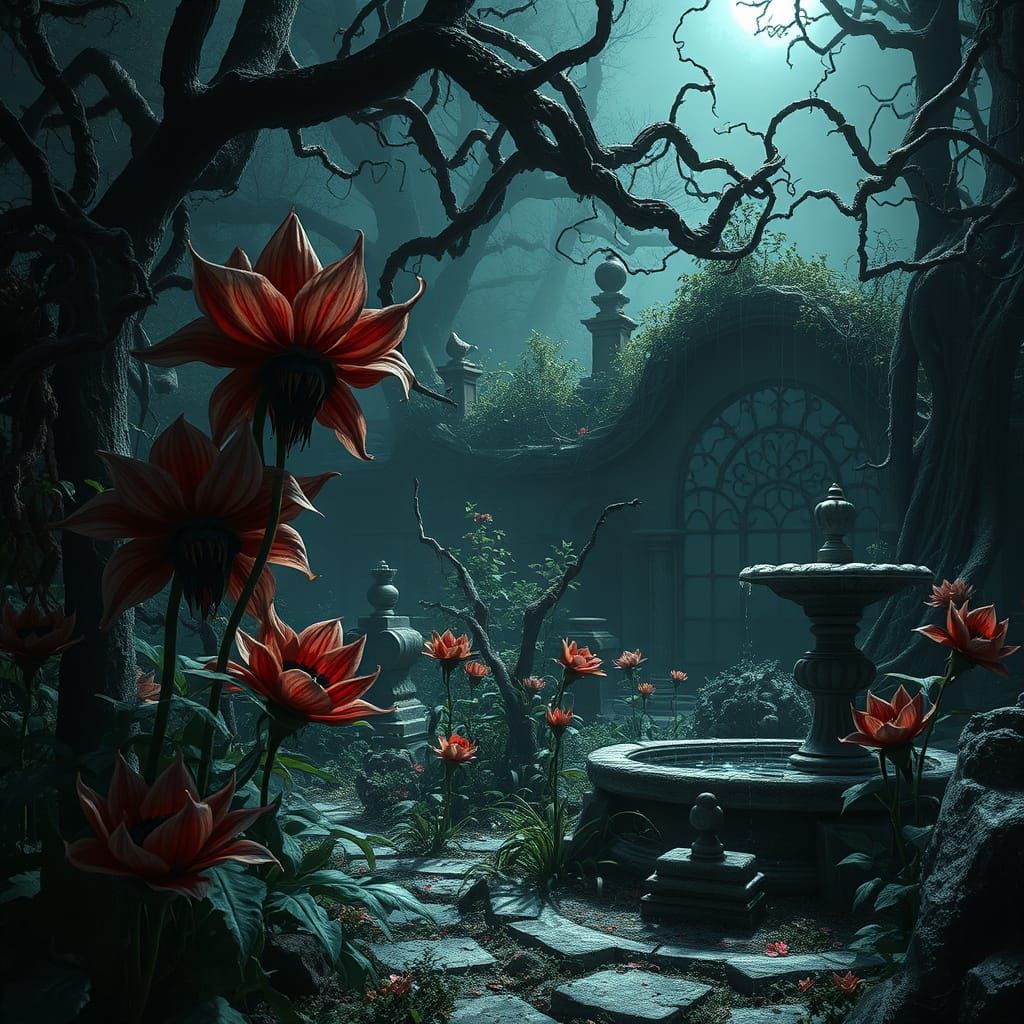 Sinister Garden with Menacing Flowers in Dark Fantasy Style