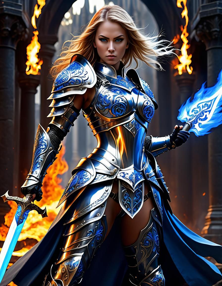 Fierce Female Paladin with Flaming Sword