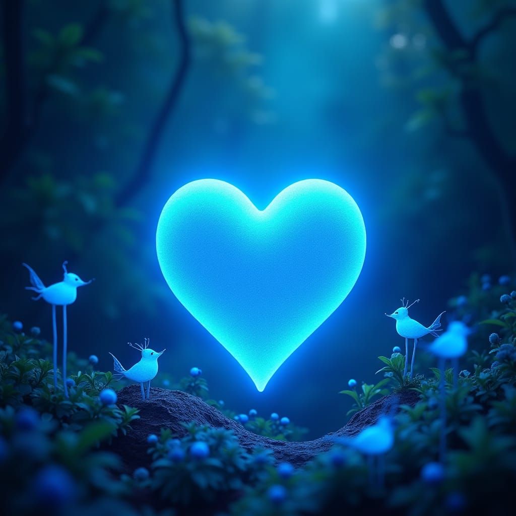 Luminous Blue Heart in Mystical Forest